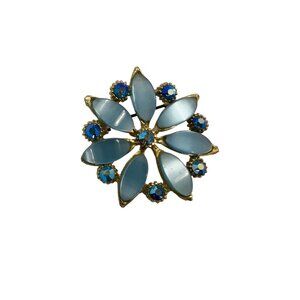 Vintage Womens Aqua Blue Flower Brooch Rhinestones MCM 60s